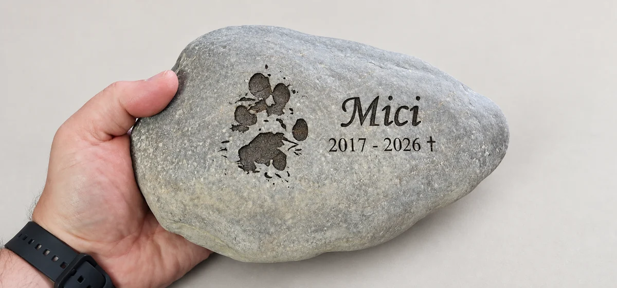 Graviran spominski kamen Mici v roki za prikaz razmerja velikosti