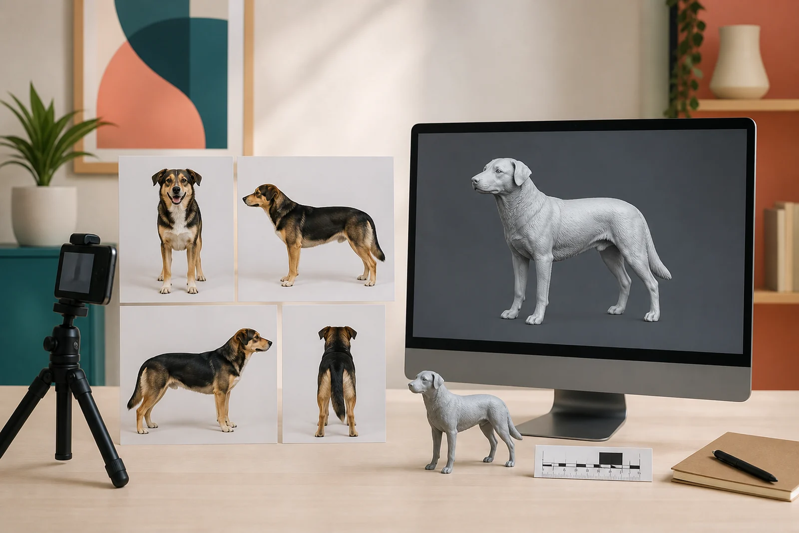 Štirje pogledi istega psa ob računalniškem 3D modelu in natisnjeni figurici