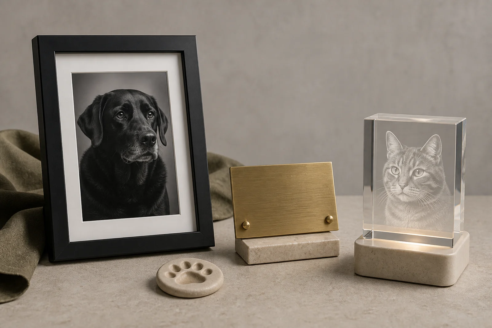 A3 portret psa, spominska tablica, odtis tačke in 3D kristal z mačko